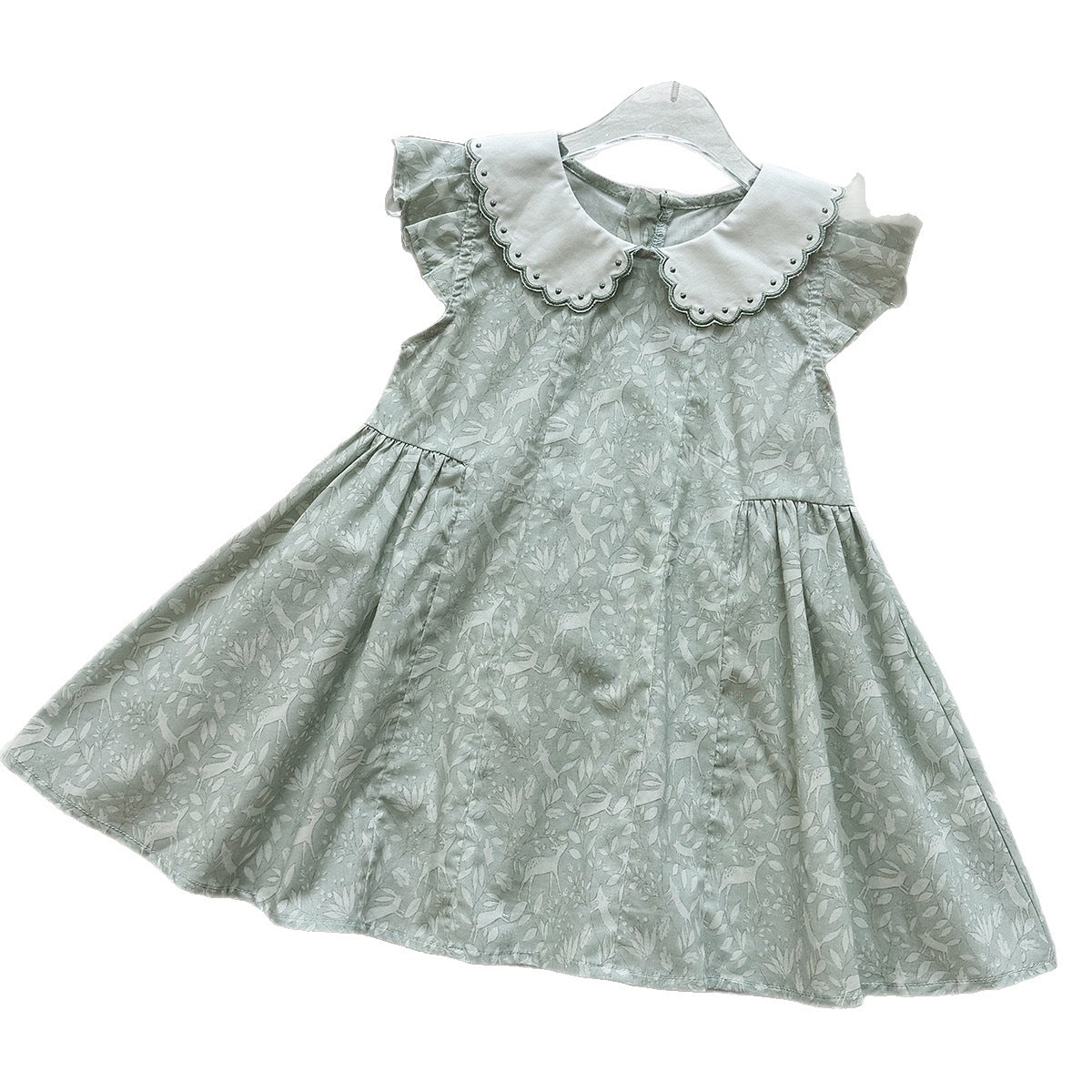 Cute Embroidered Peter Pan Collar Dress for Girls, Light Green Floral Print Flutter Sleeve Princess Dress