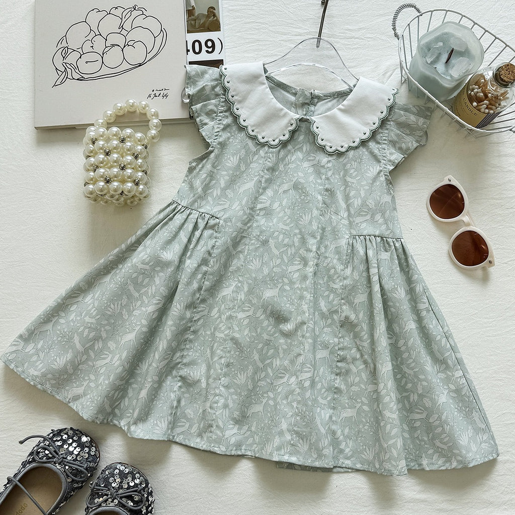 Cute Embroidered Peter Pan Collar Dress for Girls, Light Green Floral Print Flutter Sleeve Princess Dress