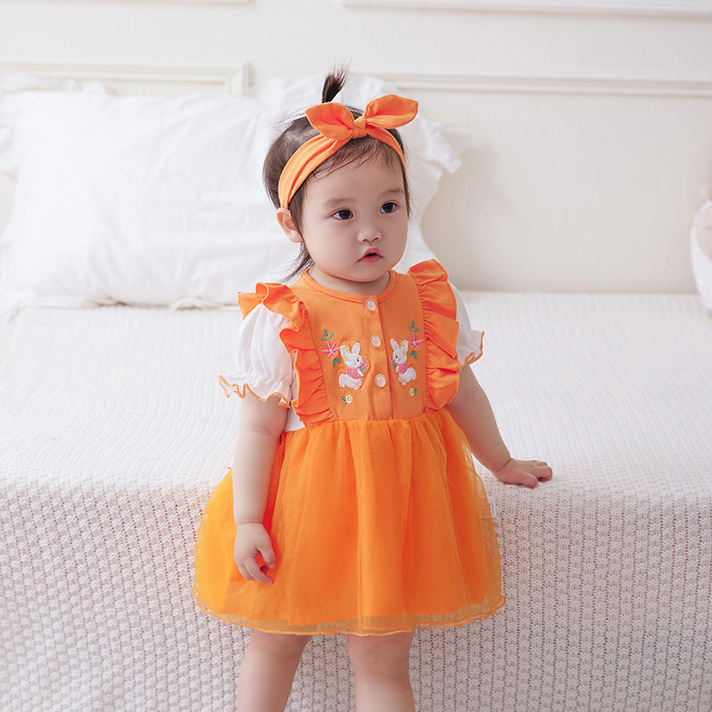 Cute Princess Dress for Girls Summer New Style Mesh Skirt with Hairband Kids Fashion Dress