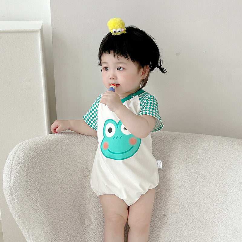 Cute Baby Summer Romper with Hat for Boys and Girls, Frog Checkered Pattern One-Piece Outfit