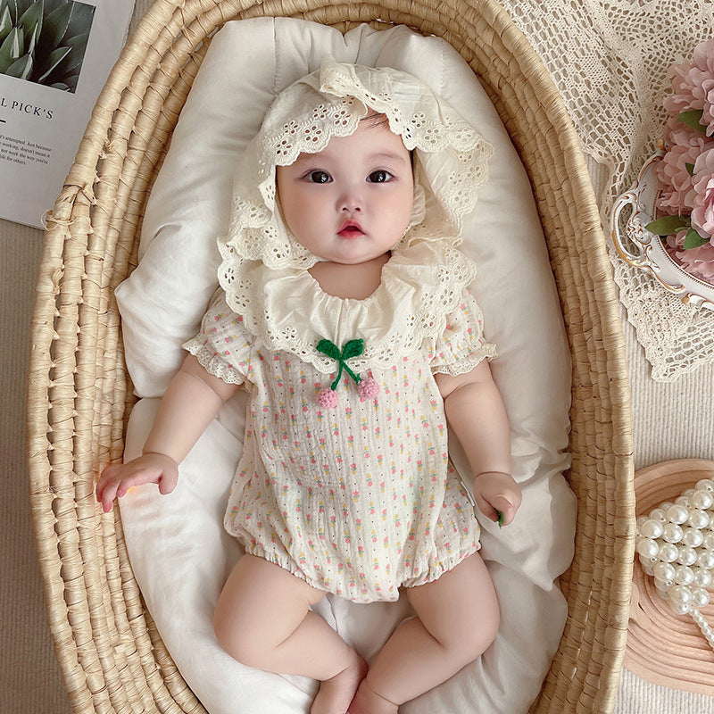 Baby Summer Romper Girls Printed Onesie Fresh Triangle Bodysuit Pure Cotton Full-body Crawling Outfit