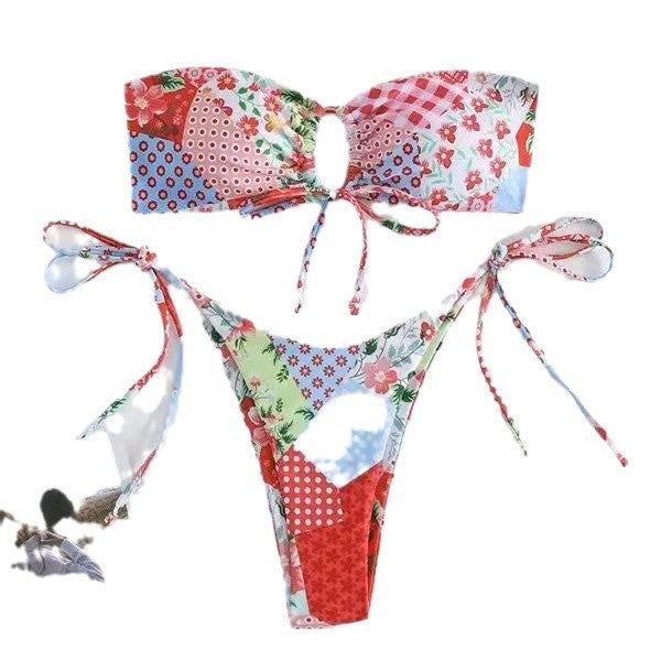 Strapless Bandeau Swimwear with Flower Print, Push-Up Design for Small Bust