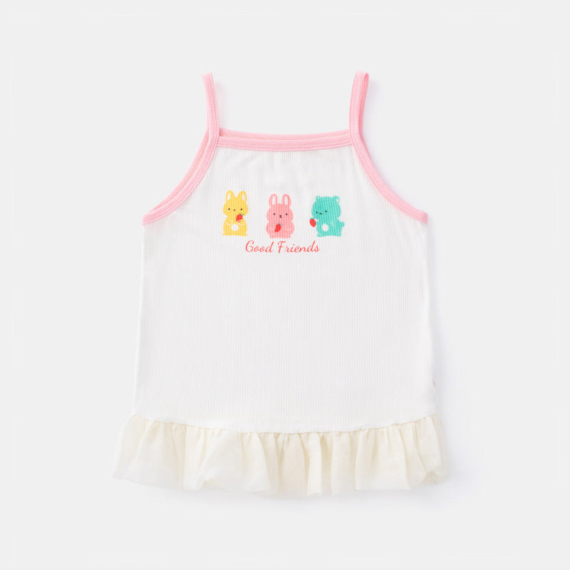 Summer Girls' Lace Strap Children's Baby Stylish Printed Top  Sweet Cute Solid Color Tank Top