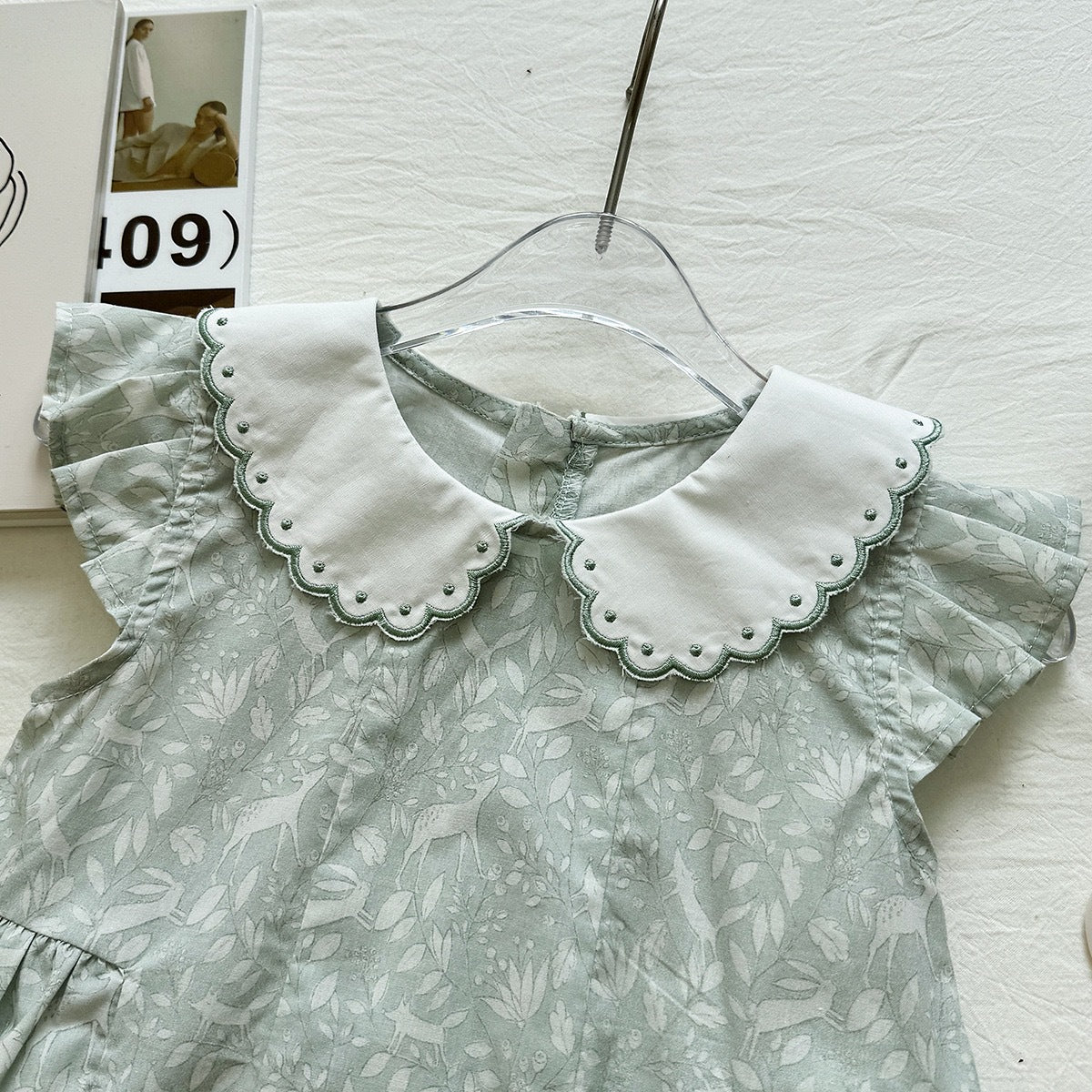 Cute Embroidered Peter Pan Collar Dress for Girls, Light Green Floral Print Flutter Sleeve Princess Dress
