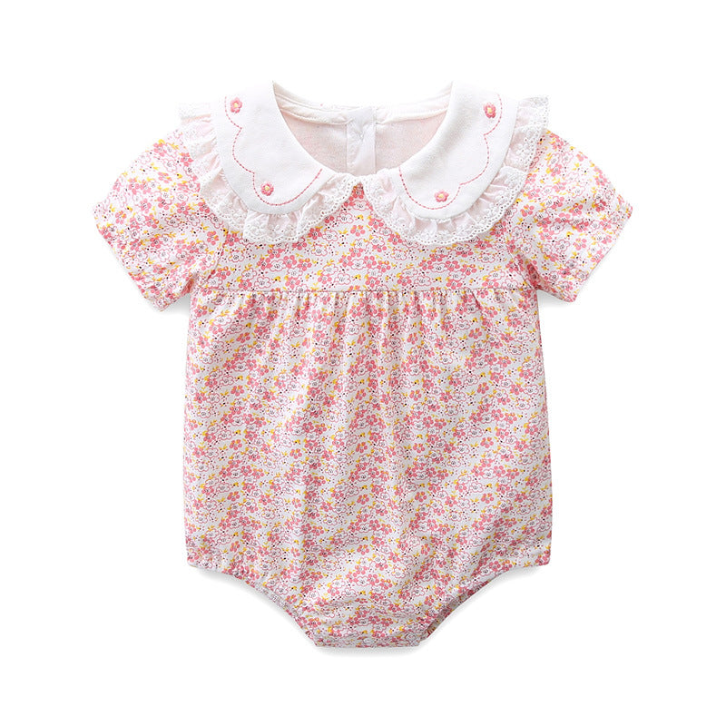 Baby Summer Triangular Romper, Pure Cotton Floral Print, Peter Pan Collar