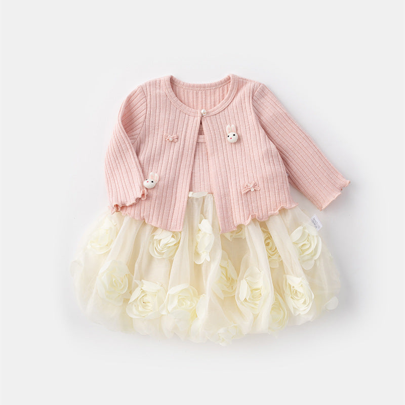 Fashionable New  Princess Dress Set for Girls Spring Summer Casual Outfit with Cardigan and Puffy Skirt