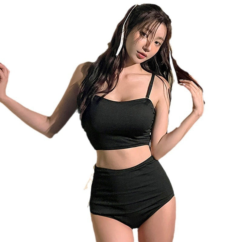Solid Color Double-Strap Push-Up High-Waisted Two-Piece Swimwear Women Bikini