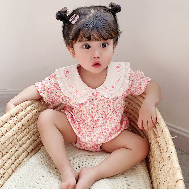 Baby Summer Triangular Romper, Pure Cotton Floral Print, Peter Pan Collar