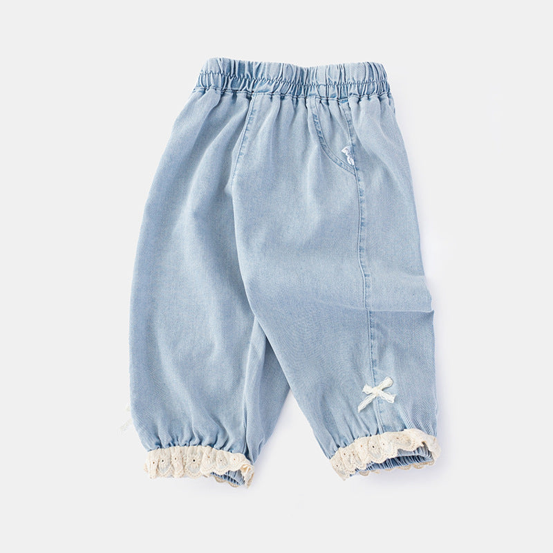 Casual Denim Pants for Girls, Mosquito-Proof Trousers, Lightweight Summer Style, Fashionable Ruffle Lantern Pants for Kids