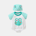 Cute Baby Summer Romper with Hat for Boys and Girls, Frog Checkered Pattern One-Piece Outfit