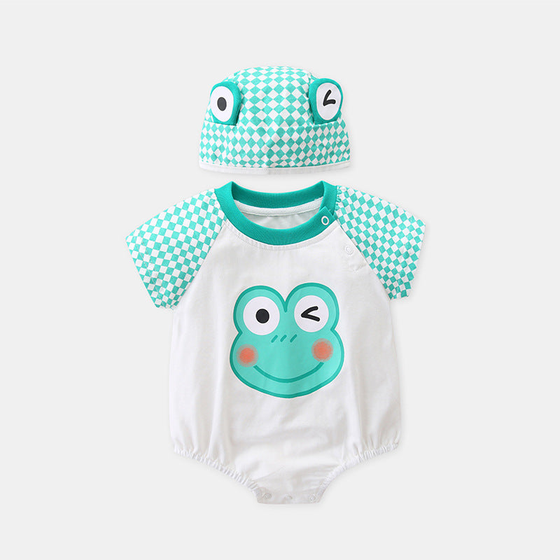 Cute Baby Summer Romper with Hat for Boys and Girls, Frog Checkered Pattern One-Piece Outfit
