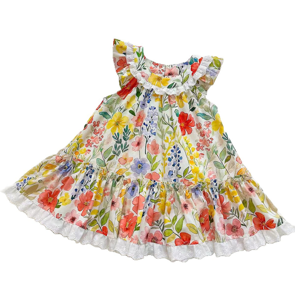 Floral Print Sleeveless Dress for Girls with Peter Pan Collar and Lace Trim Princess Style Dress