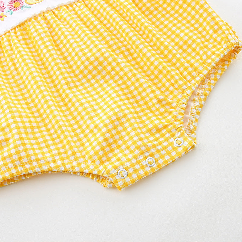 Cute Grid Pattern Baby Romper for Girls, Summer Fresh Style, Triangular Bodysuit, One-Piece Crawling Suit