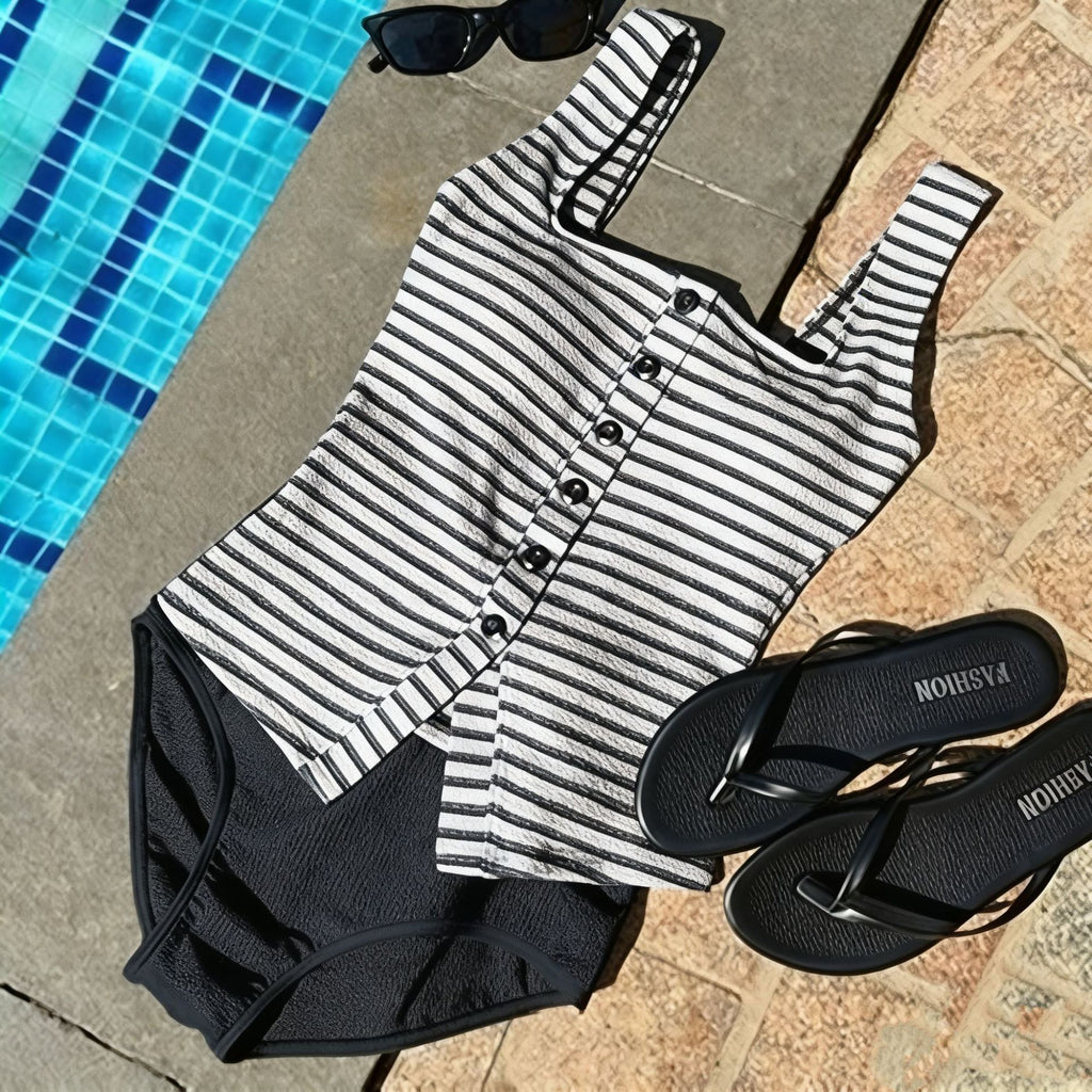 Striped Two-Piece Swimsuit for Women, Sleeveless Halter Top with Bikini Bottom