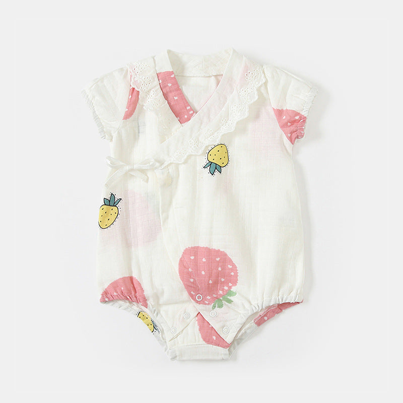 Cute Strawberry Print Snap Front Baby Girl Romper Summer Cotton Onesie