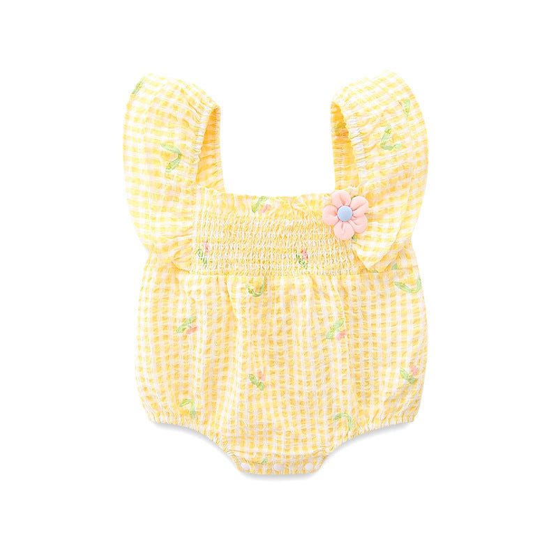 Cute Baby Girl Summer Lightweight Onesie with Checkered Pattern, Short Sleeve, Triangular Bottoms Infant Summer Outfit