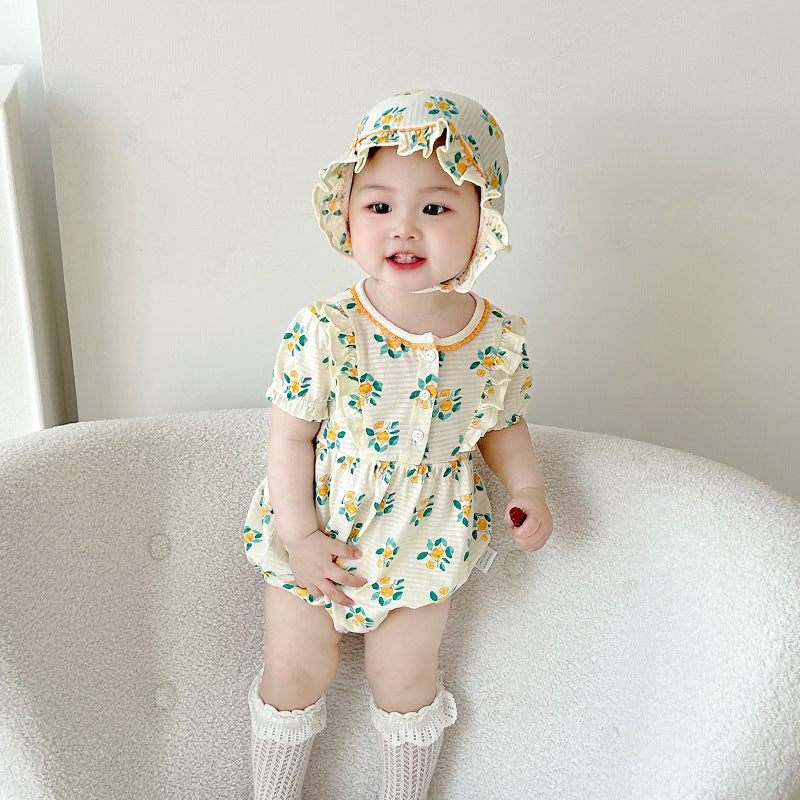 Summer Hooded Triangular Romper with Floral Print, Lightweight Baby Girl Onesie