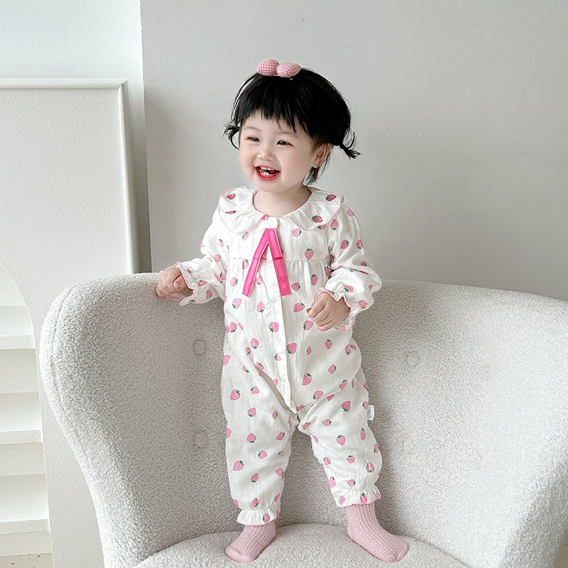Baby Girl Strawberry Print Bodysuit with Tie-Up Design, Long Sleeve Onesie for Newborns