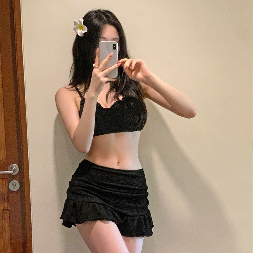 Leaf Edge Bikini Two-Piece Set with Skirt Bottom and Ruffled Trim