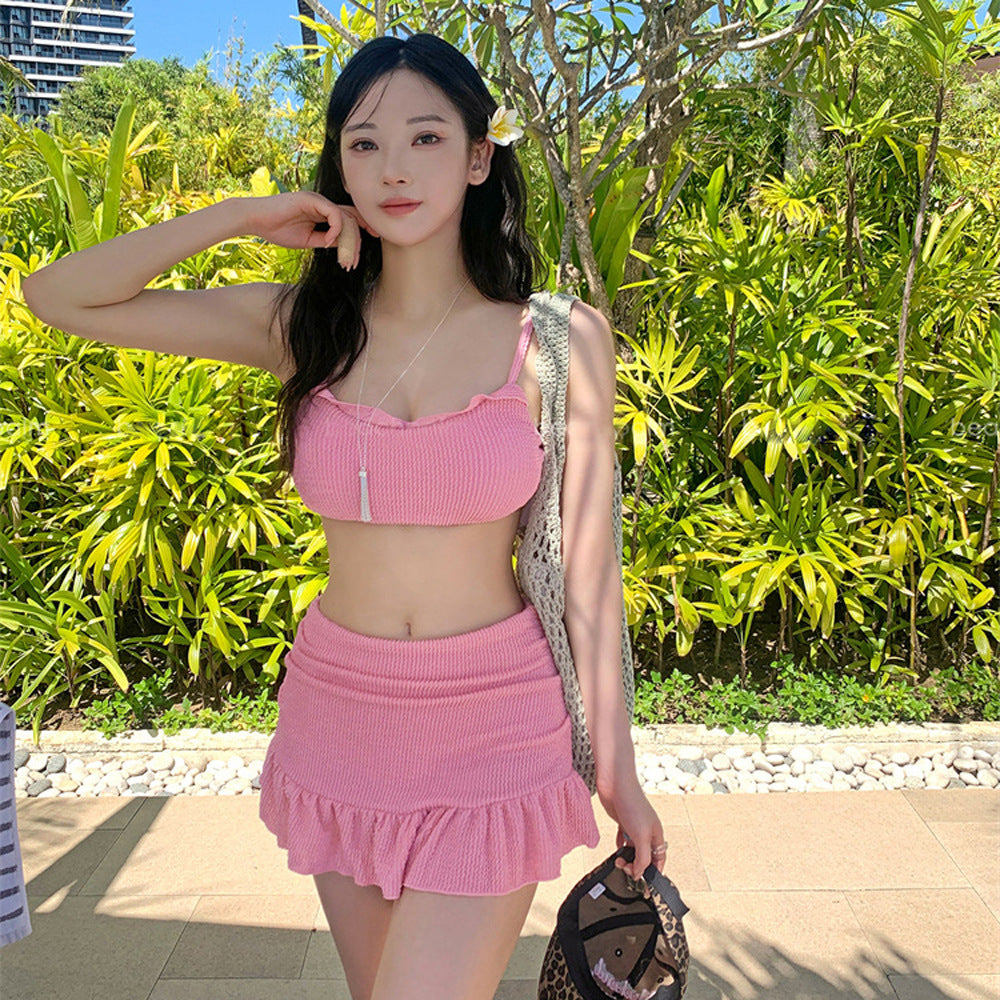 Leaf Edge Bikini Two-Piece Set with Skirt Bottom and Ruffled Trim