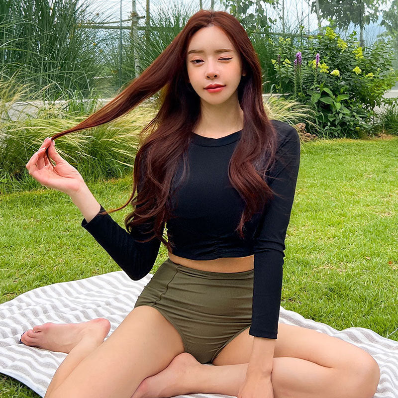 Two-Piece Bikini Swimwear with High-Waisted Bottoms and Long Sleeve Slim-Fit Swimsuit