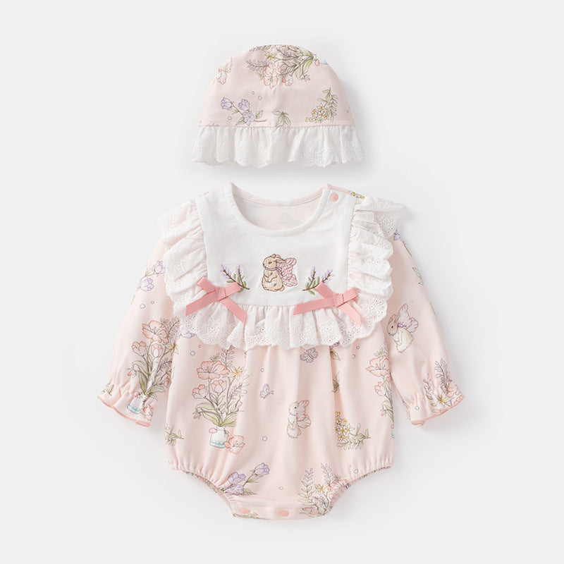 Baby Pure Cotton Bodysuit Princess Print Full Moon Onesie with Hood for Girls Spring/Autumn Wear