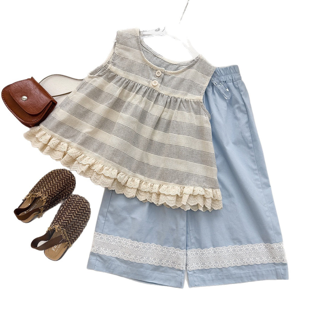 Chic Striped Lace Tank Top with Ruffle Wide-Leg Pants Two-Piece Set for Girls Summer Outfit