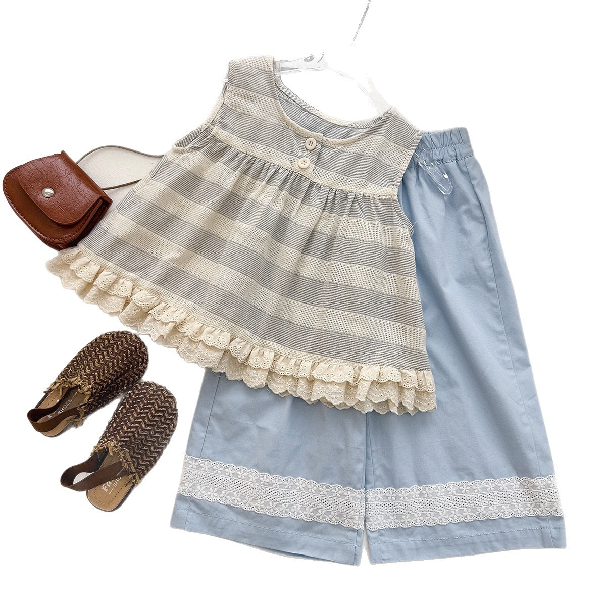 Chic Striped Lace Tank Top with Ruffle Wide-Leg Pants Two-Piece Set for Girls Summer Outfit
