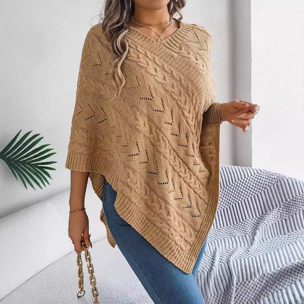 Women's autumn and winter celebrity style elegant casual solid color twist loose cape sweater coat