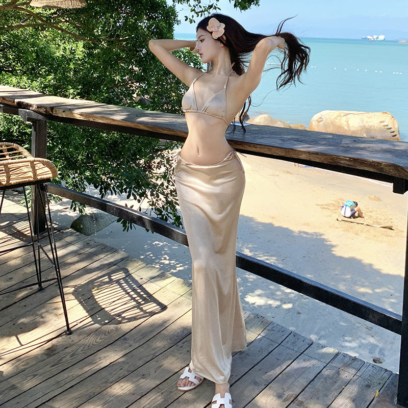 One-Piece Beach Vacation Long Dress Bikini Three-Piece Set Small Bust
