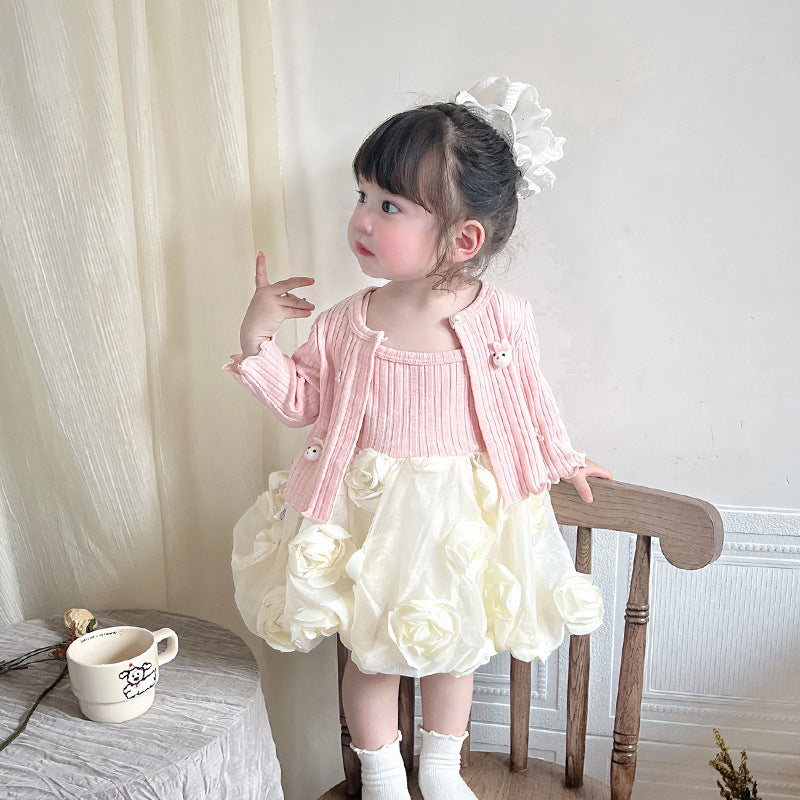 Fashionable New  Princess Dress Set for Girls Spring Summer Casual Outfit with Cardigan and Puffy Skirt