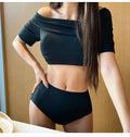 Short Sleeve Off-the-Shoulder Crop Top High-Waisted Bikini Two-Piece Swimwear for Women