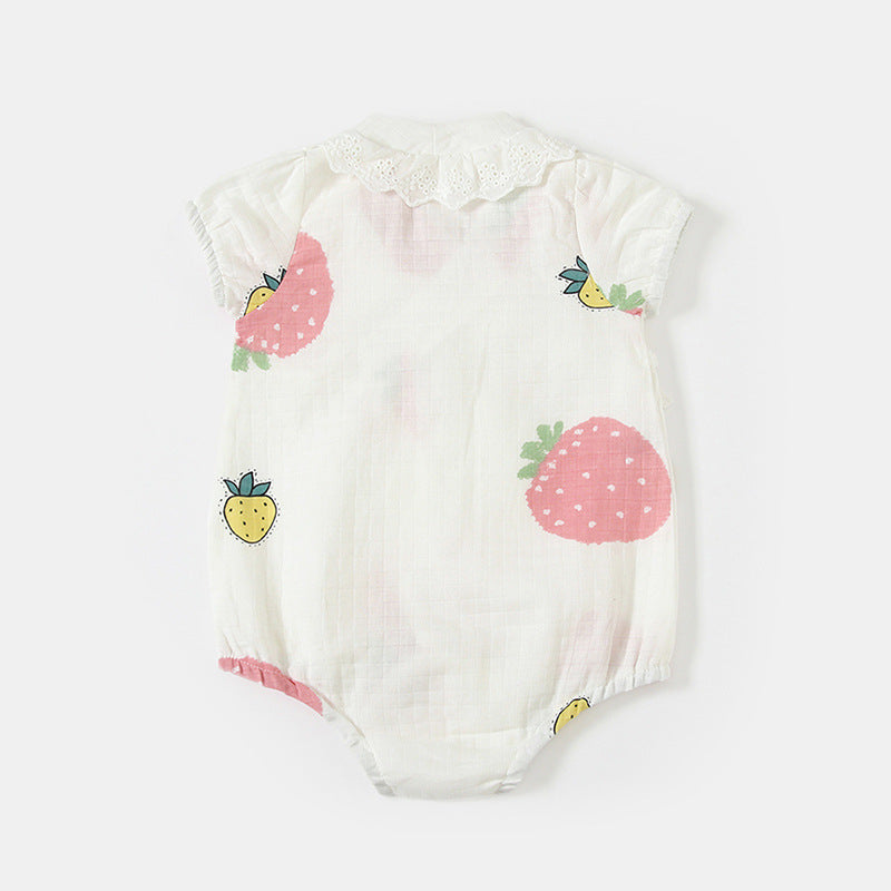 Cute Strawberry Print Snap Front Baby Girl Romper Summer Cotton Onesie