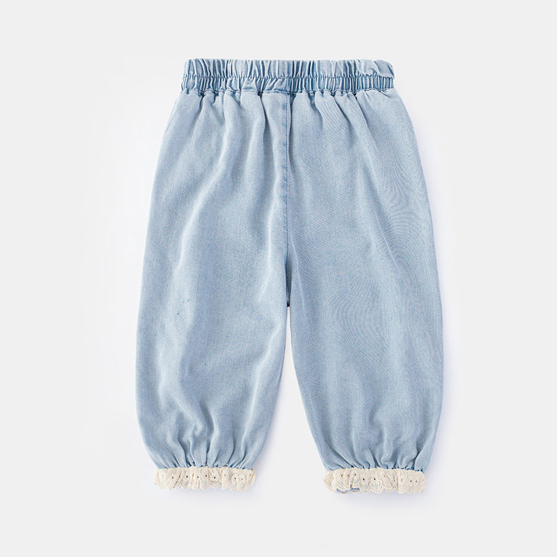 Casual Denim Pants for Girls, Mosquito-Proof Trousers, Lightweight Summer Style, Fashionable Ruffle Lantern Pants for Kids