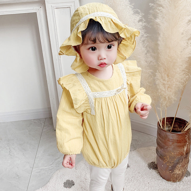 Spring and Autumn New Baby Girls' Triangular Romper with Hood, Two-Piece Set, Crawling Suit, Outdoor Wear
