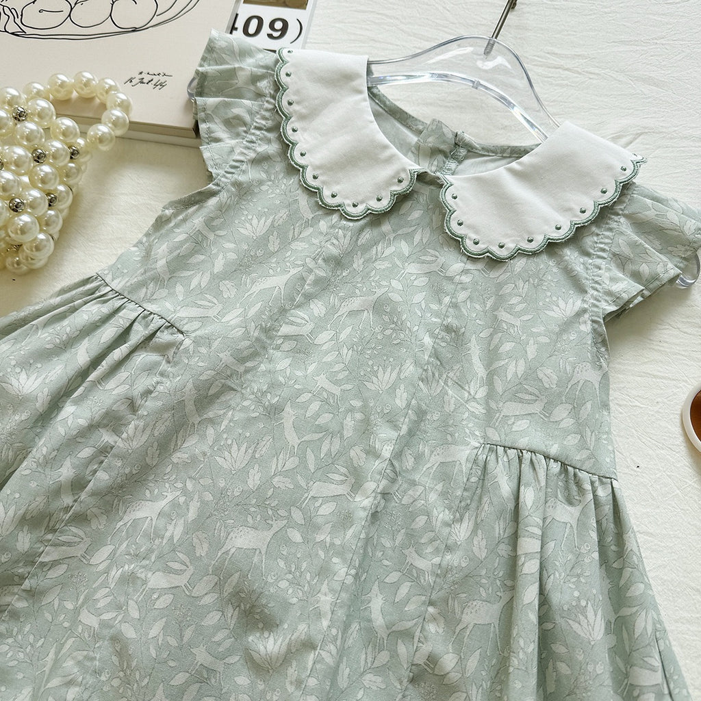 Cute Embroidered Peter Pan Collar Dress for Girls, Light Green Floral Print Flutter Sleeve Princess Dress