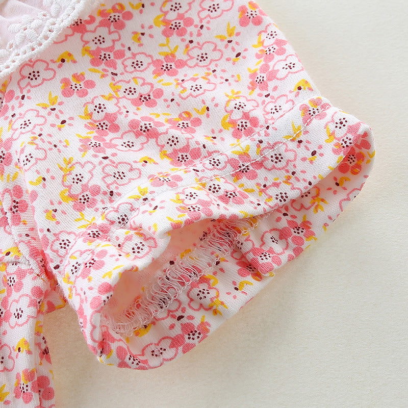Baby Summer Triangular Romper, Pure Cotton Floral Print, Peter Pan Collar