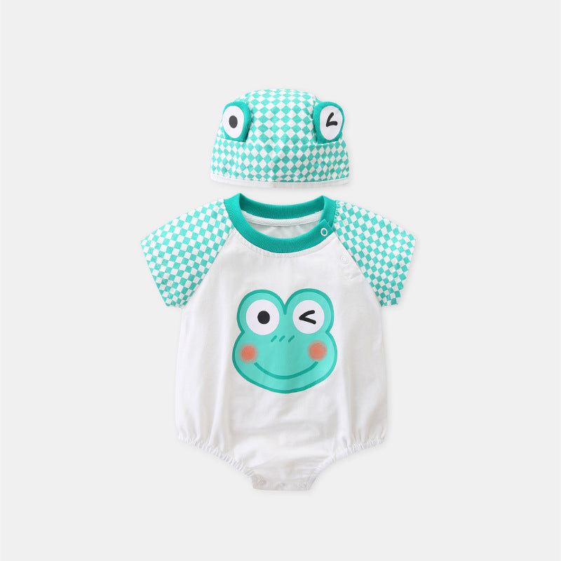 Cute Baby Summer Romper with Hat for Boys and Girls, Frog Checkered Pattern One-Piece Outfit