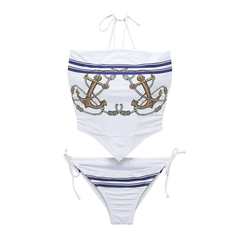 Sailor Style Bikini Sexy Back Pattern Two-Piece Triangular Swimwear for Women