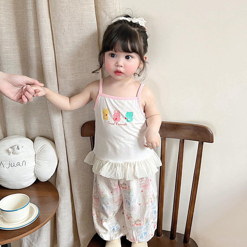 Summer Girls' Lace Strap Children's Baby Stylish Printed Top  Sweet Cute Solid Color Tank Top