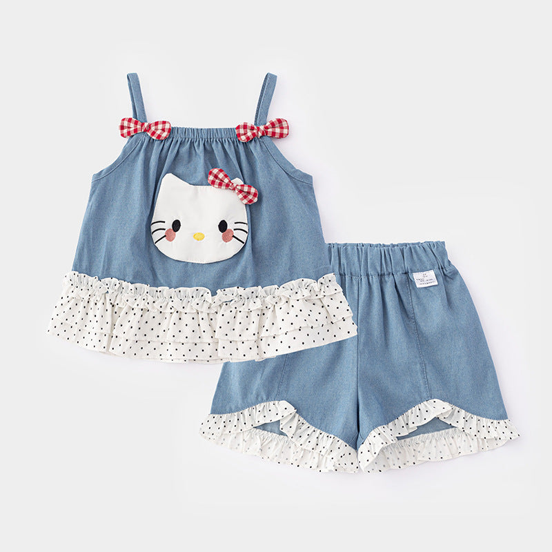 Cute Girls' Denim Outfit Set Summer Fashion Two-Piece Sleeveless Top and Pants for Kids