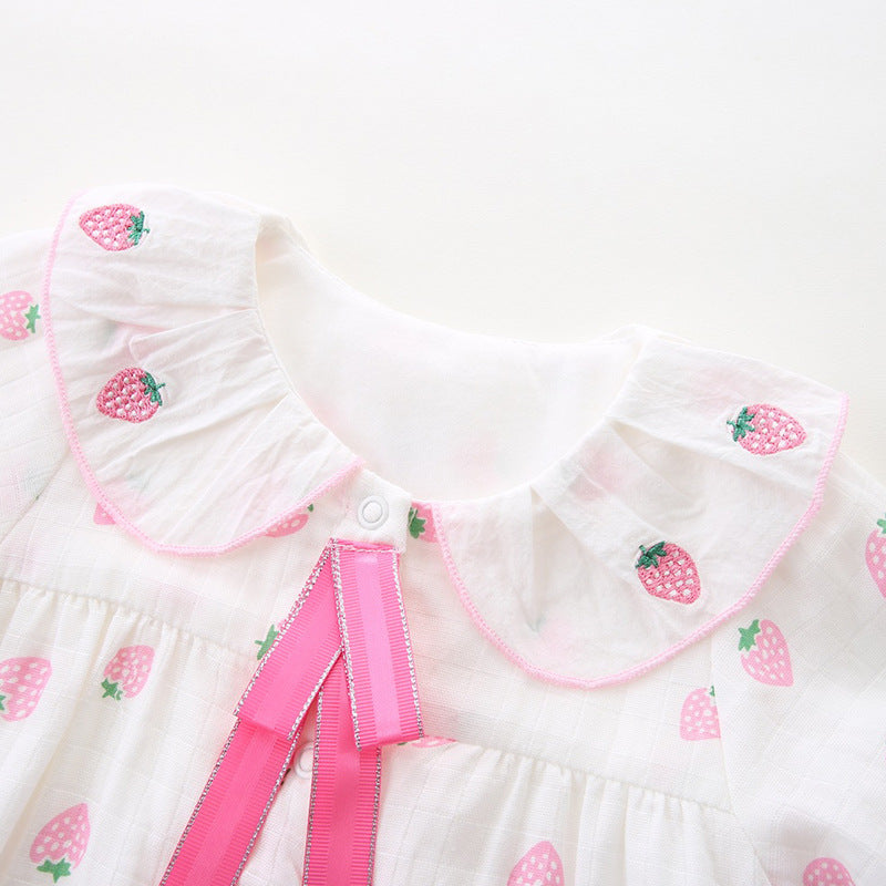 Baby Girl Strawberry Print Bodysuit with Tie-Up Design, Long Sleeve Onesie for Newborns
